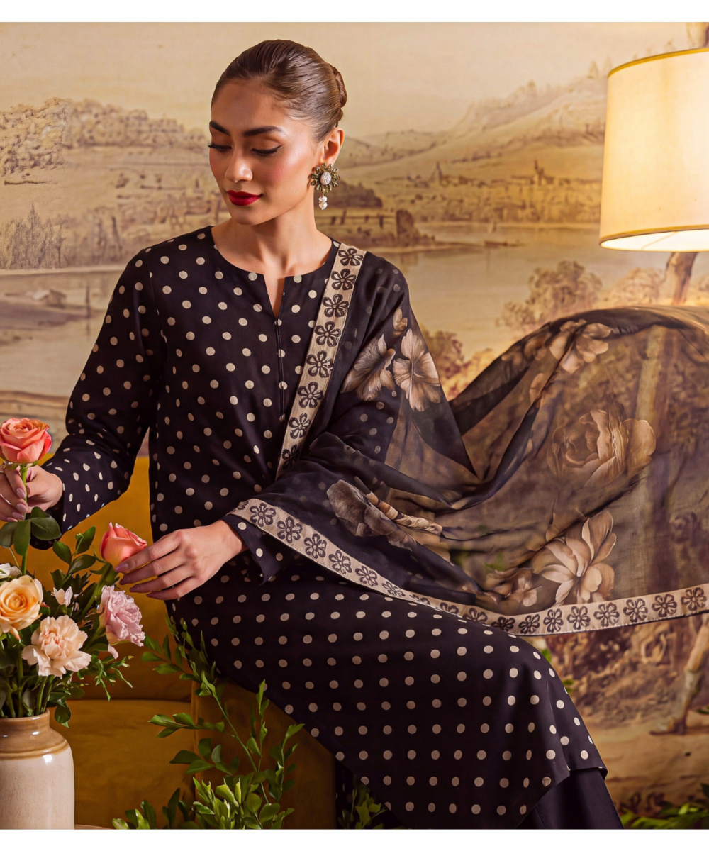 Black Digital Printed 3 Piece Suit | Floral Polka Dot Collection