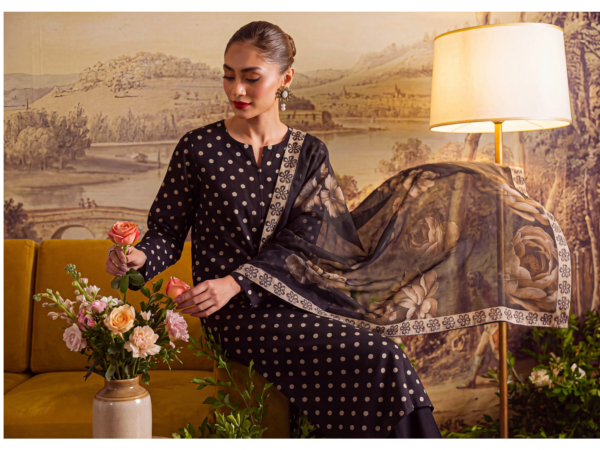 Black Digital Printed 3 Piece Suit | Floral Polka Dot Collection
