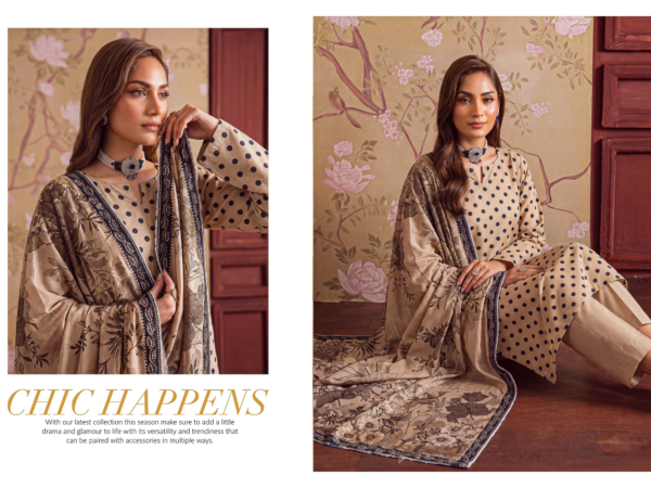 Elevate your wardrobe with this Elegant Beige Digital Printed 3 Piece Suit, designed with a sophisticated blend of classic polka dots and delicate floral motifs. The soft beige base creates a timeless, graceful look, while the beautifully detailed printed dupatta adds richness and elegance to the ensemble. The combination of floral digital printing, contrasting polka dots, and an intricate border makes this outfit perfect for women who love understated yet luxurious fashion.